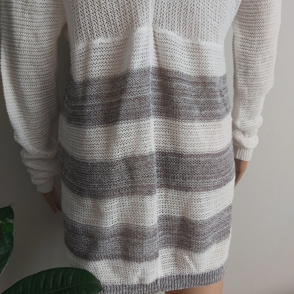 wild pearls cream gray stripes knit open cardigan long line 100% cotton - Picture 8 of 14